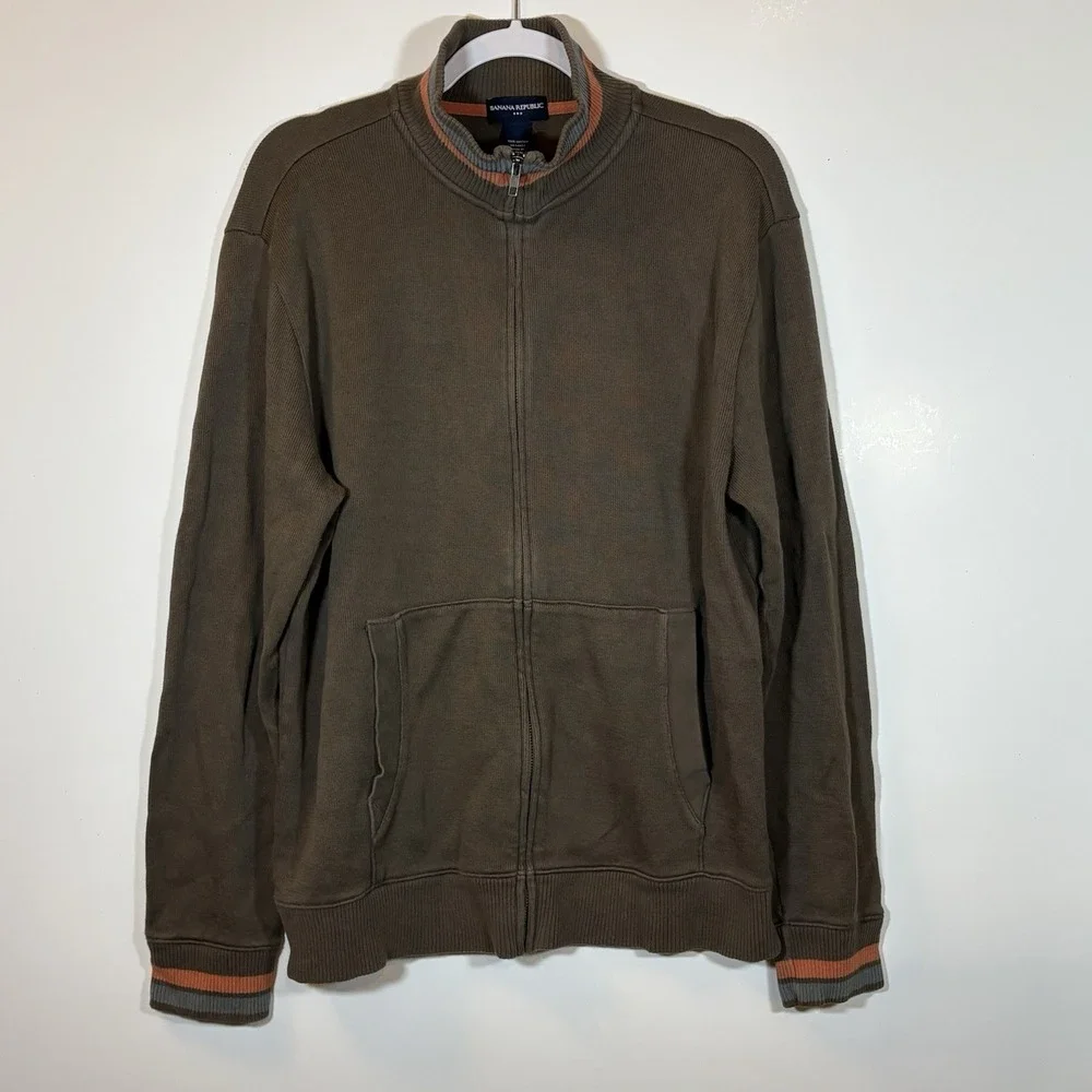 Banana Republic Men's Full Zip‎ Brown Sweater Size Large 100% Cotton Long Sleeve